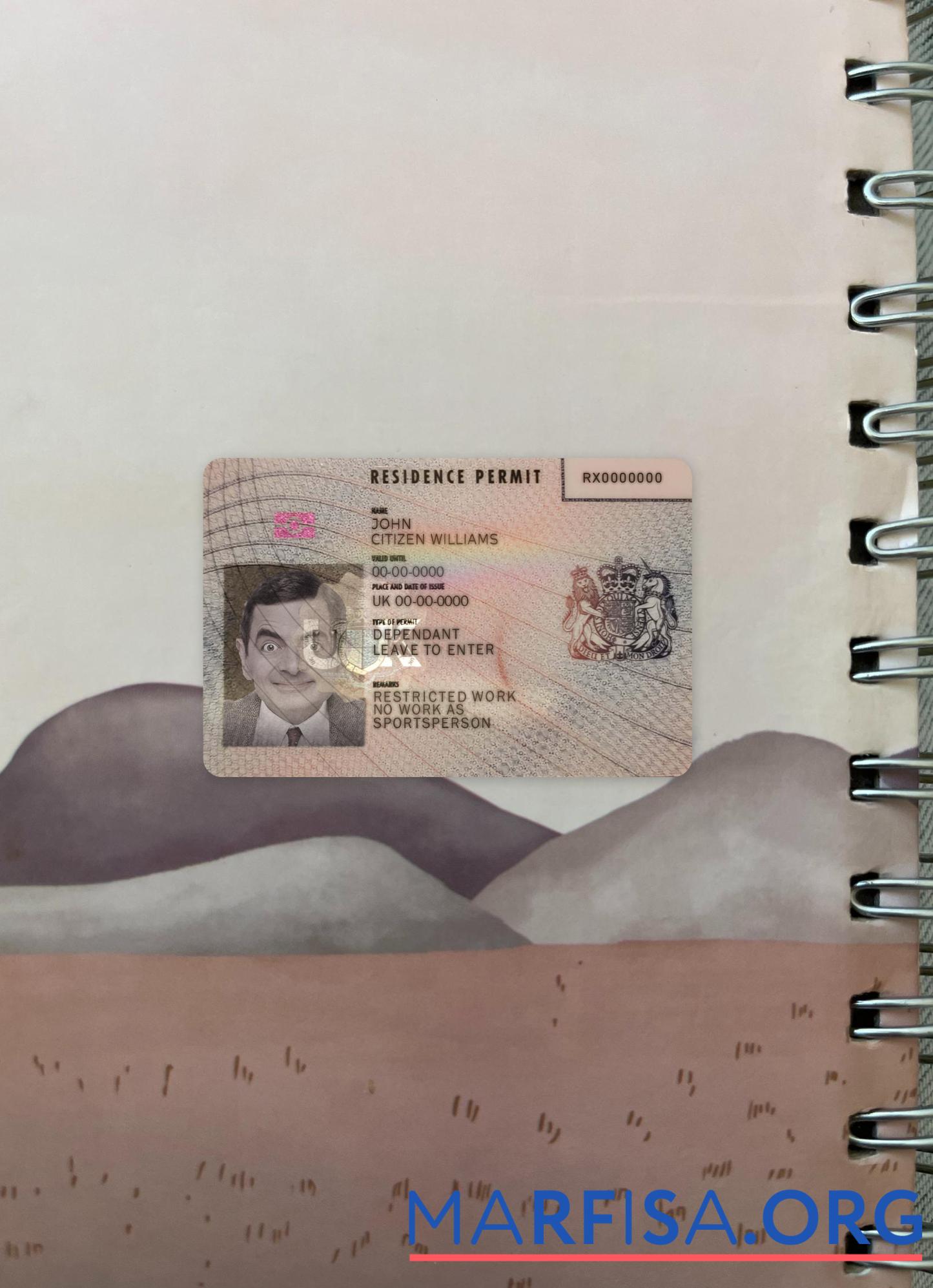 Realistic United Kingdom residence permit photolook FRONT real example
